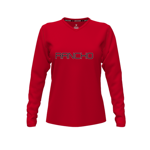 [CUS-DFW-TEES-CMF-VNK-LSL-RED-FYXS-LOGO1] Comfort T-Shirt (Female Youth XS, Red, V Neck, Logo 1, Long Sleeve)