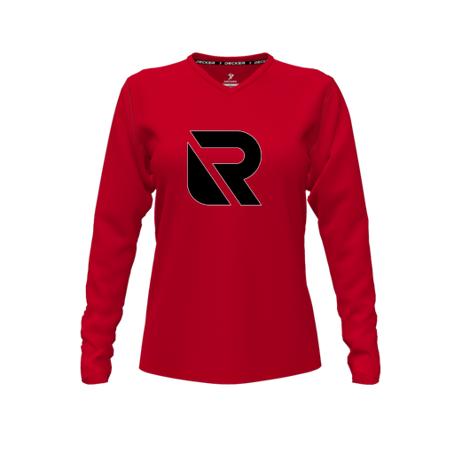 [CUS-DFW-TEES-PER-VNK-LSL-RED-FYXS-LOGO2] Performance T-Shirt (Female Youth XS, Red, V Neck, Logo 2, Long Sleeve)